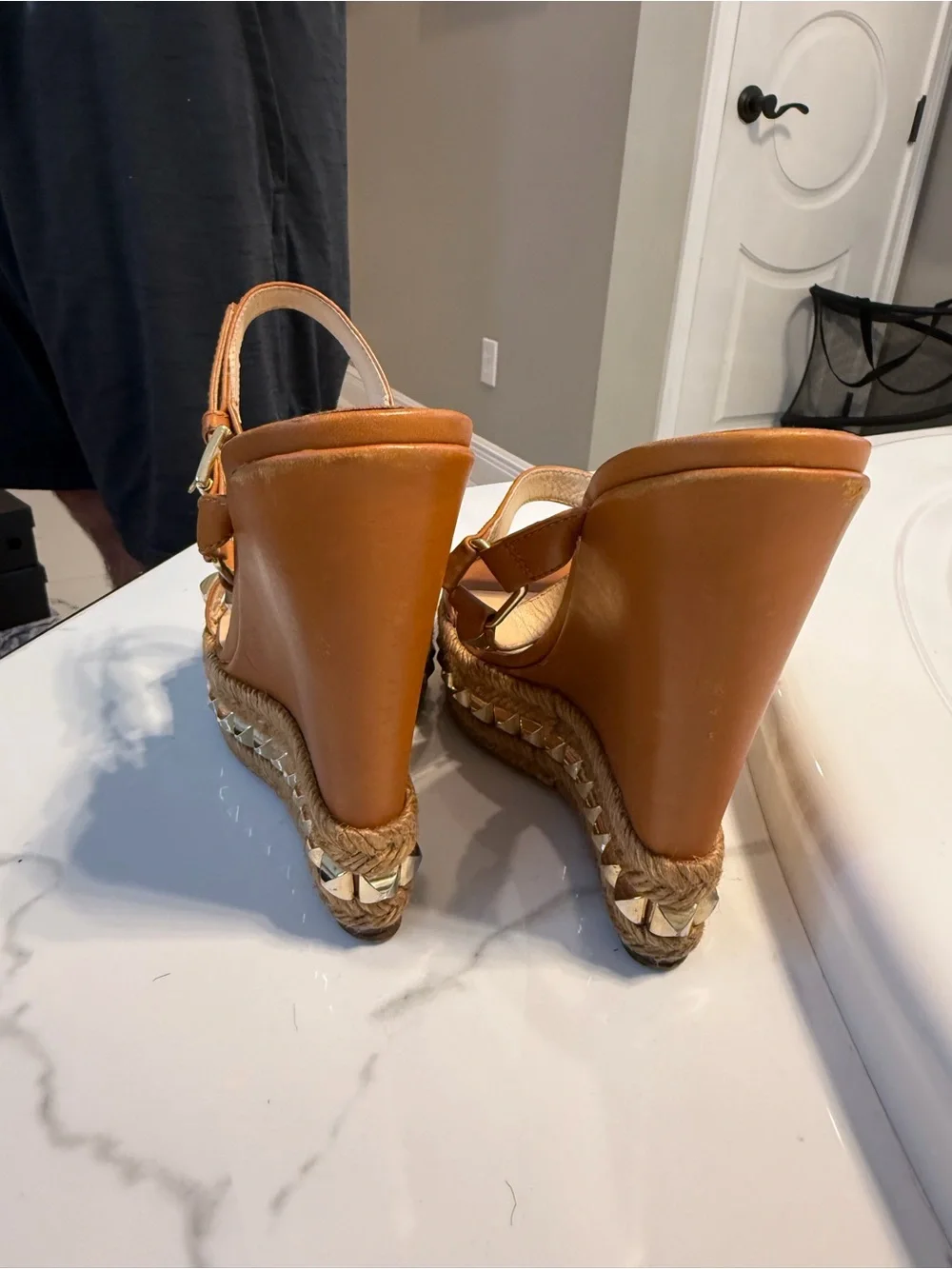 Christian Louboutin Tan Leather Studded Platform Wedge Sandals